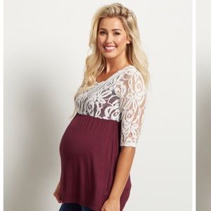 Pinkblush Tops - Pinkblush Burgundy Ivory Lace 3/4 Maternity Top Pinkblush Tops - Pinkblush Burgundy Ivory Lace 3/4 Maternity Top
